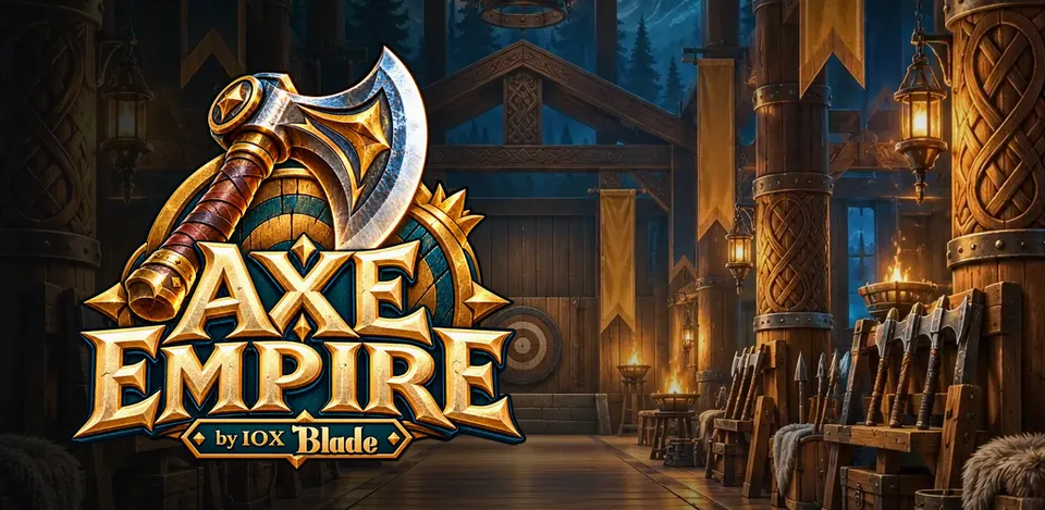 Axe Empire key art: a golden axe over a torch-lit throwing hall