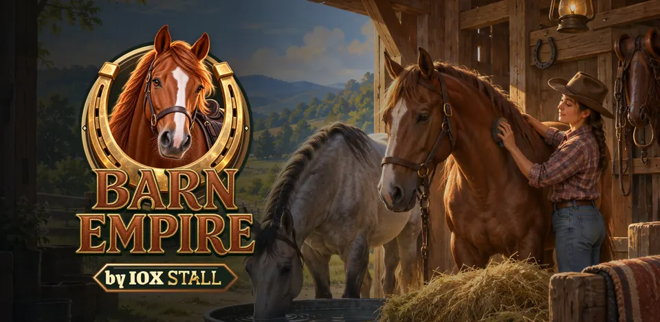 Barn Empire key art: a rider grooming a horse in a sunny barn