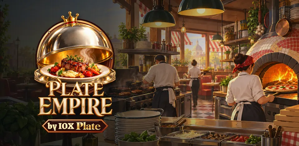 Plate Empire key art: a silver cloche over a busy restaurant kitchen